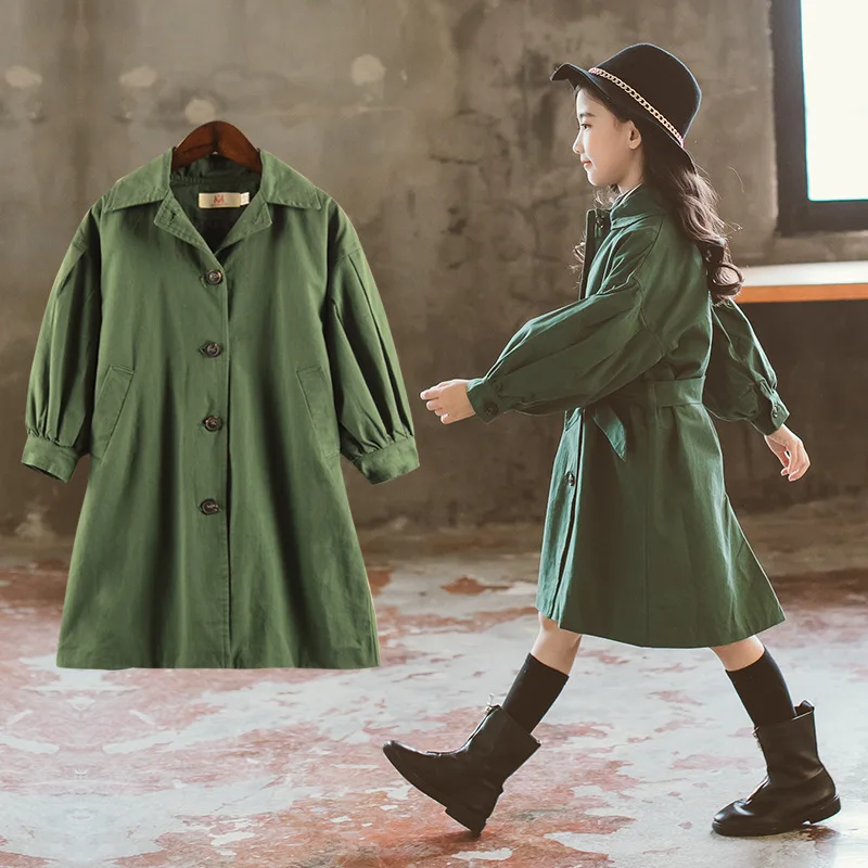 Khaki Green Long Belt Jackets For Teenage Boys Sleeve Trench Coat Kids Outerwear Top Clothing Children Jacket Baby Girl | Детская одежда