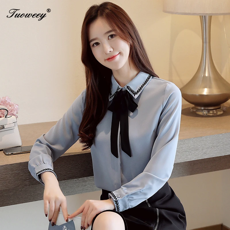 

fashion womens tops and blouse spring solid chiffon blouse shirt bow collar office blouse women long sleeve women OL shirts