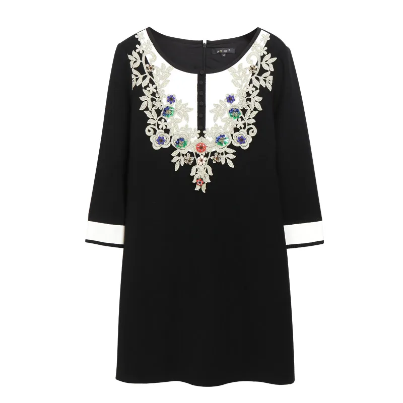 M~ 4XL Women Embroidery Dress With 3D Flowers Applique 3/4 Sleeves Short Retro Slim Casual Plus Size AOFULI B2751 | Женская одежда