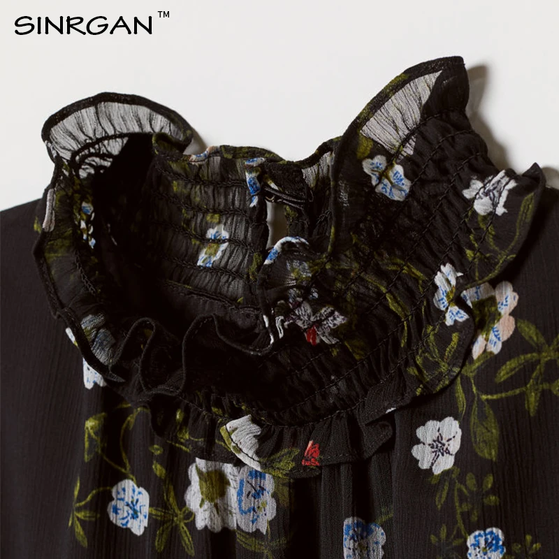 SINRGAN свободный стиль с цветочным принтом boho женщин платье Водолазка Длинные