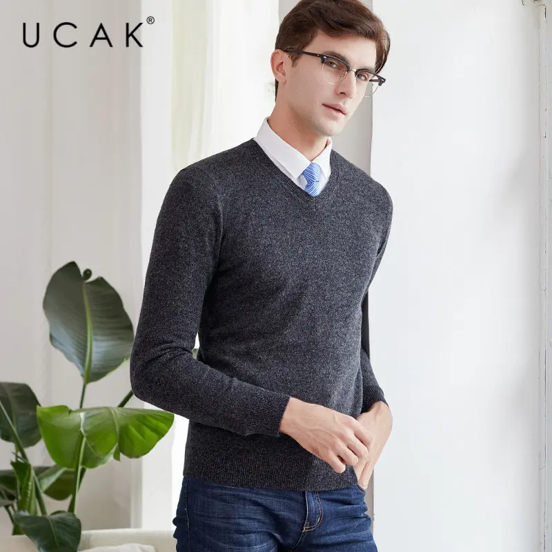 Темно-серый UCAK брендовый свитер мужской классический v-образный вырез Pull Homme чистая мериносовая шерсть пуловер мужской осень зима толстый теплый кашемировый свитер U3014 - Цвет: Темно-серый