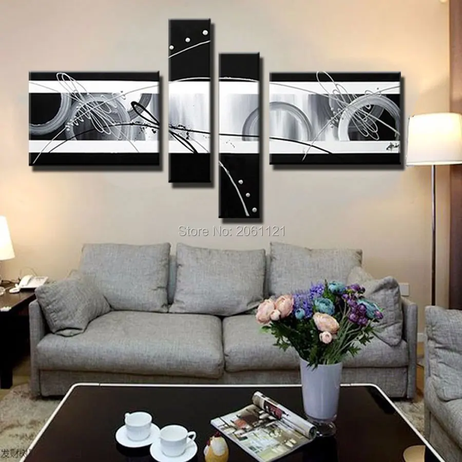 Ручная роспись 4 предмета холст Настенная картина черно белая масляная живопись