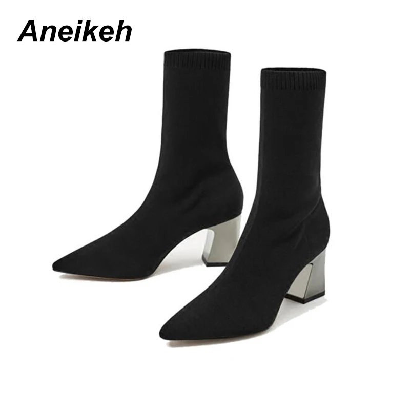 Женские эластичные ботинки носки Aneikeh Осенние туфли лодочки на массивном высоком