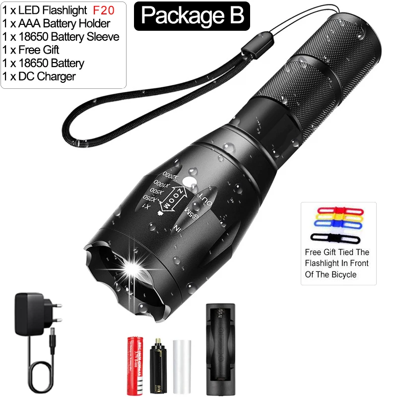Package B 5000 люмен фонарик лампа супер мощный linterna led zaklamp Zoom СВЕТОДИОДНЫЙ Фонарь xhp50 V6 18650 батарея лучший кемпинг, открытый - Испускаемый цвет: Package B