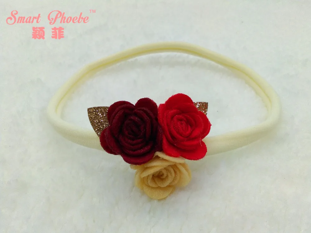 

20pcs/4C Fashion Cute Felt 3in1 Rose Flower Glitter Gold Leaf Newborn Nylon Soft Headbands Solid Kawaii Floral Girls Hairbands