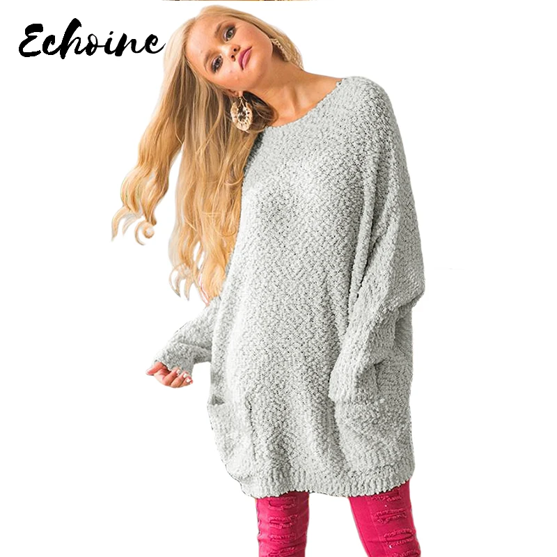 Echoine Apricot/Gray/Red Winter Autumn Break Knit Tunic Sweater Women Casual O Neck Long Sleeve Loose Pockets Tops | Женская одежда