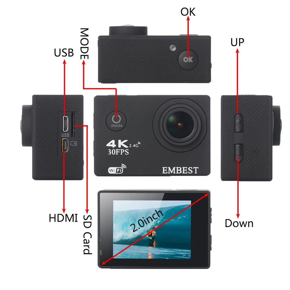 Экшн камера EMBEST F60 / F60R Ultra HD 4K Wi Fi 1080P/60fps 2 0 ЖК дисплей 170D Водонепроницаемая