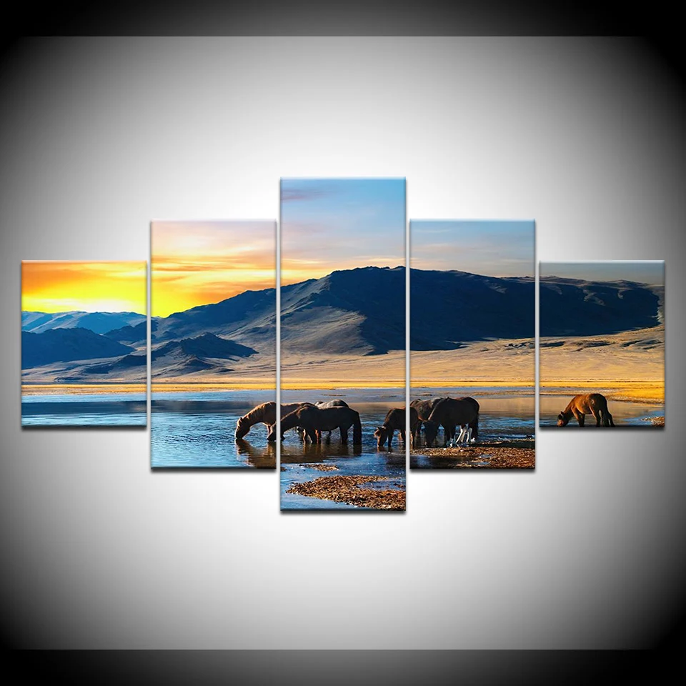 5 шт./компл. лошадь пить воду фотографии Wall Art Картины изображение Печать на холсте