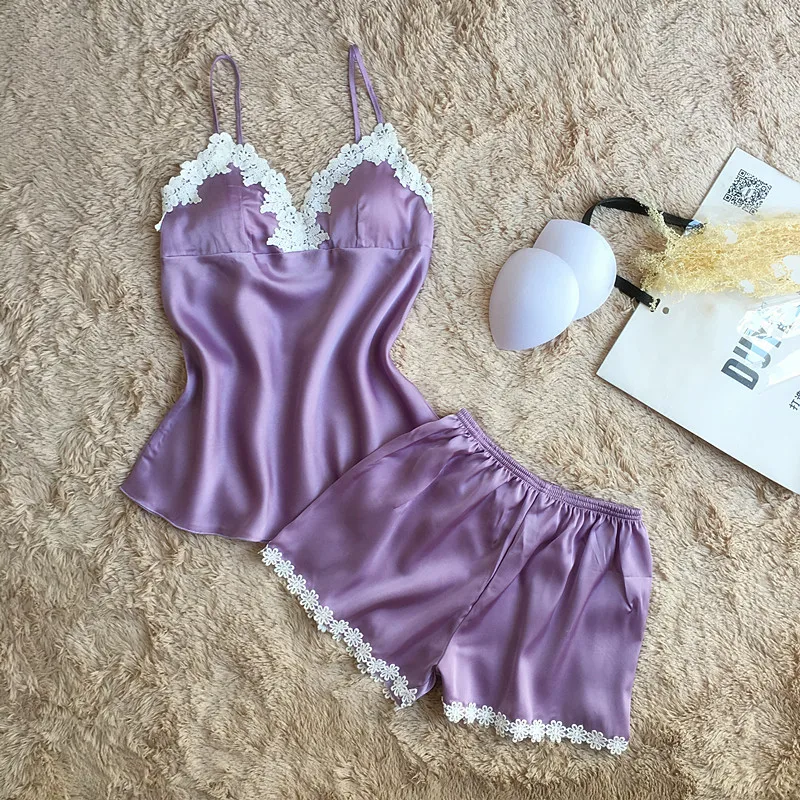 Сексуальные женские шелковые атласные пижамные комплекты с кружевом бесплатная
