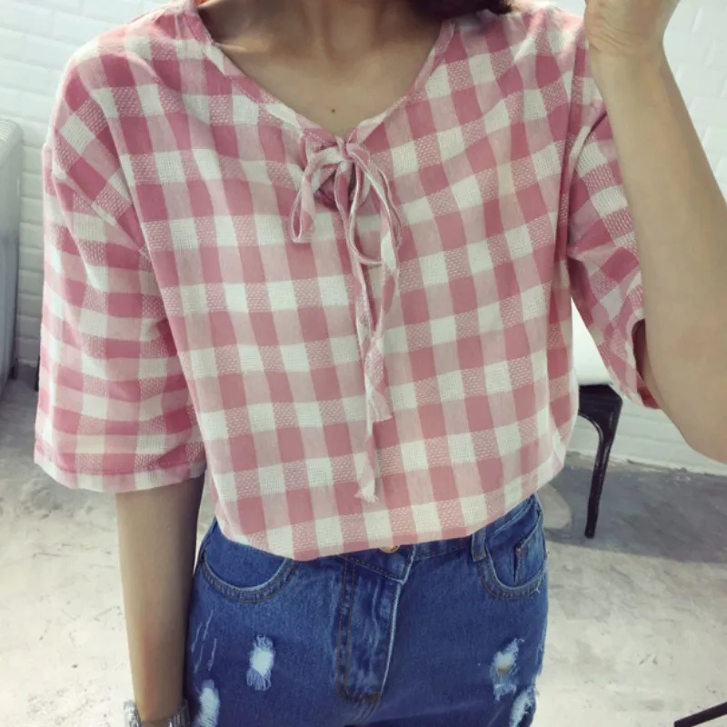 

Fashion Summer Plaid Blouse Loose Short Sleeve Lace Up Womens Tops And Blouses