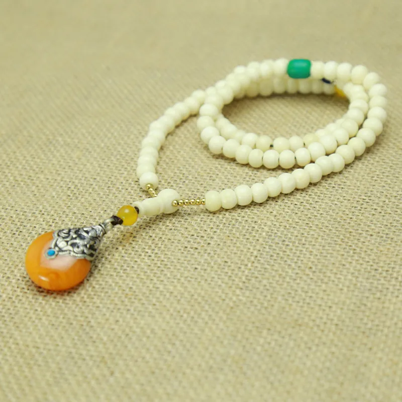 

Master Design Tibet White Yak Bone Necklace 7-8mm Nepal Simulent Golden beeswaxPendants Stone Beads Bracelets
