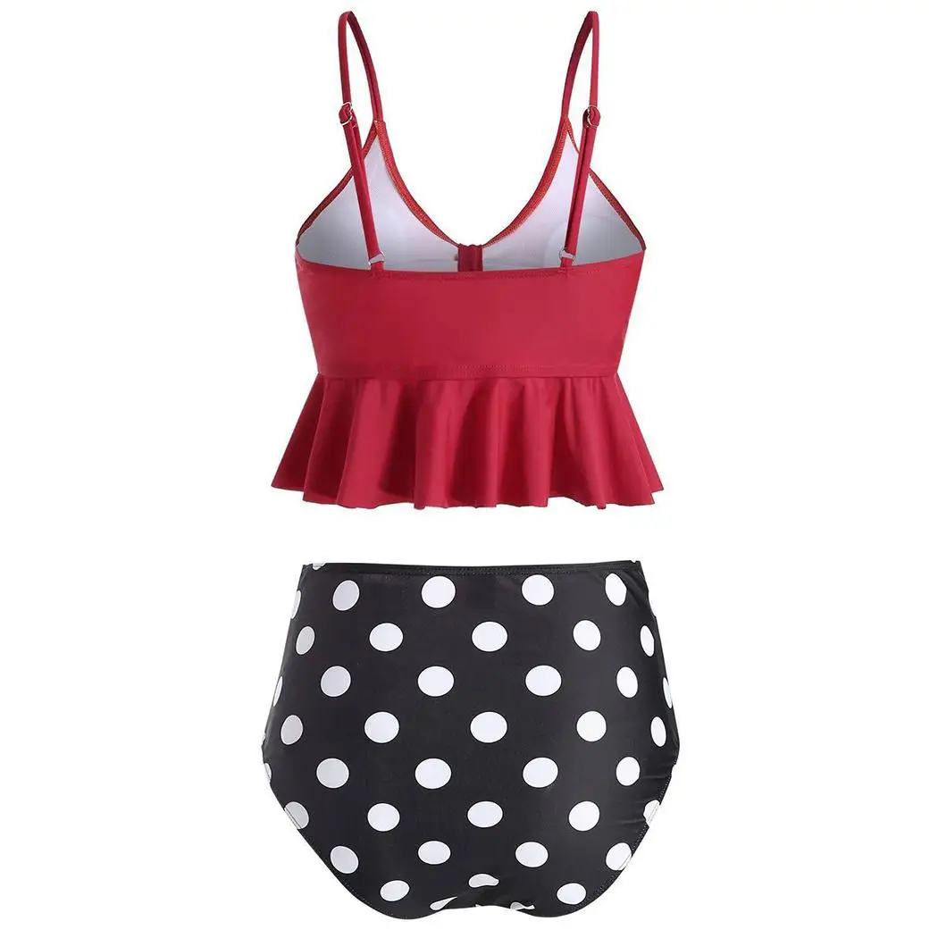 Women Print Fashion Ruffle High Waisted Bikini Bottom Sleeveless Tankini Set V Neck Casual Swimwear |