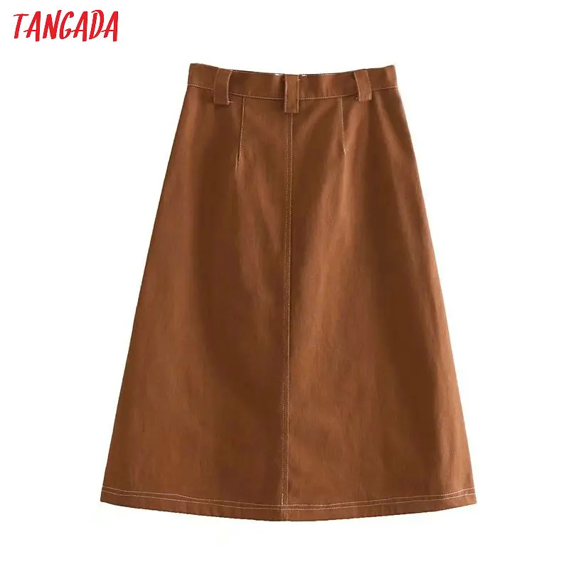 Tangada коричневая юбка трапеция осень зима юбка ниже колена юбка миди широкая юбка джинсовая юбка с контрастными строчками офисная юбка деловой стиль 4N53