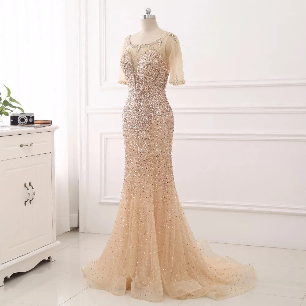 COM champanhe mangas curtas decote ilusao de Volta vestido de festa longo para casamento luxo CloverBridal высокое качество