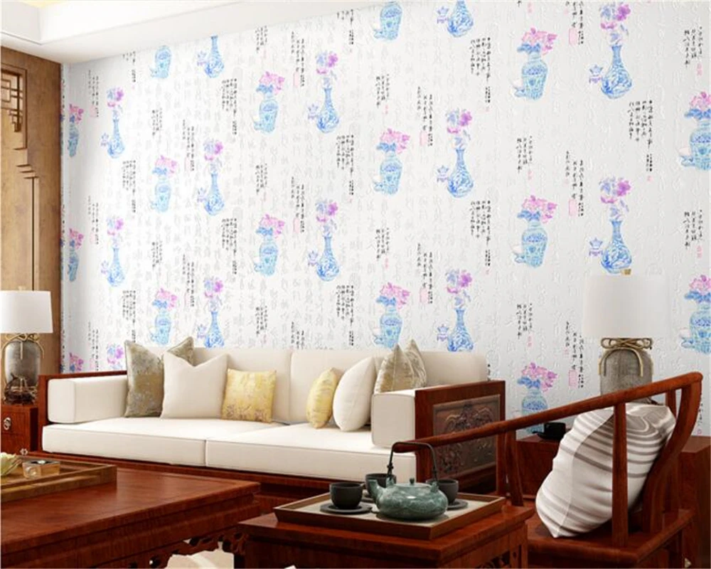 

beibehang wall paper Blue Porcelain Calligraphy Chinese Classical Restaurant Living Room Wallpaper papel de parede 3d wallpaper