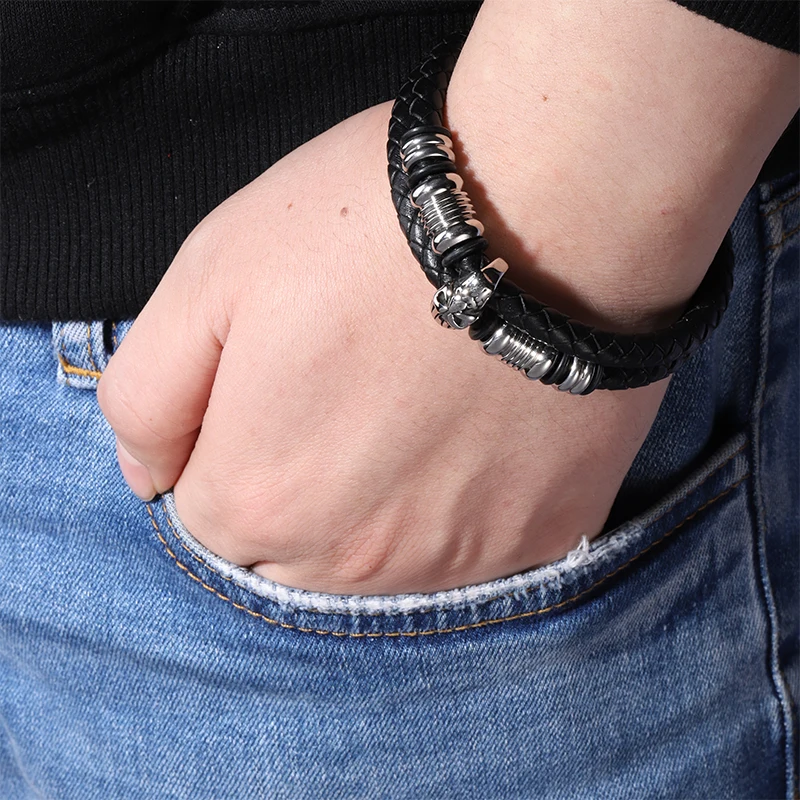 Singreal Punk Genuine Leather Bracelet for Men Jewelry Stainless Steel Beads Skull Magnetic Clasp Black Rope | Украшения и