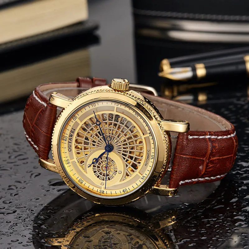 OUYAWEI мужские наручные часы с скелетом Мужские кожаным ремешком в стиле стимпанк