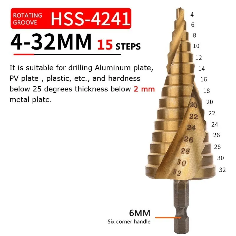 Rotating groove 4-32 HSS титановые ступенчатые сверла для металла, дерева с шестигранным хвостовиком, ступенчатое долото 3-12/4-12/4-20/4-32, столярные инструменты, шнековое сверло - Цвет: Rotating groove 4-32