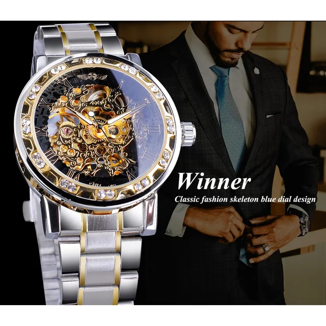 Winner Transparent Fashion Diamond Luminous Gear Movement Royal Design Men Top Brand Luxury Male Mechanical Skeleton Wrist Watch 3