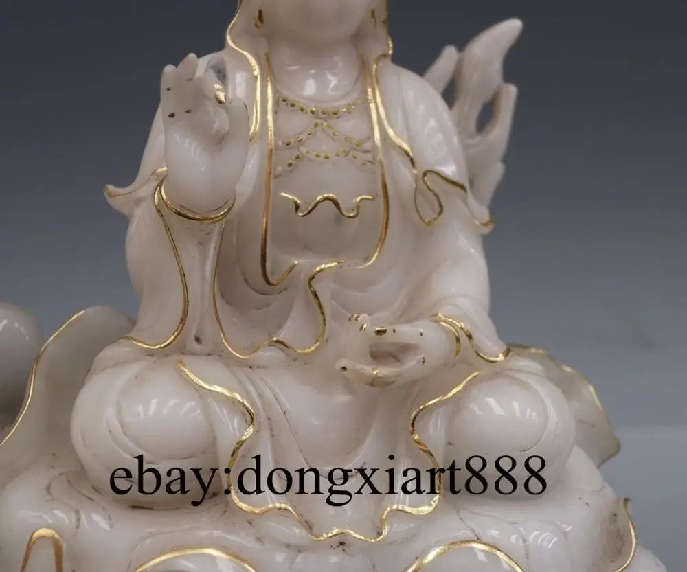 13&quot Chinese White Stone Jade Painted Dragon Kwan-yin Bodhisattva Guanyin Statue | Дом и сад