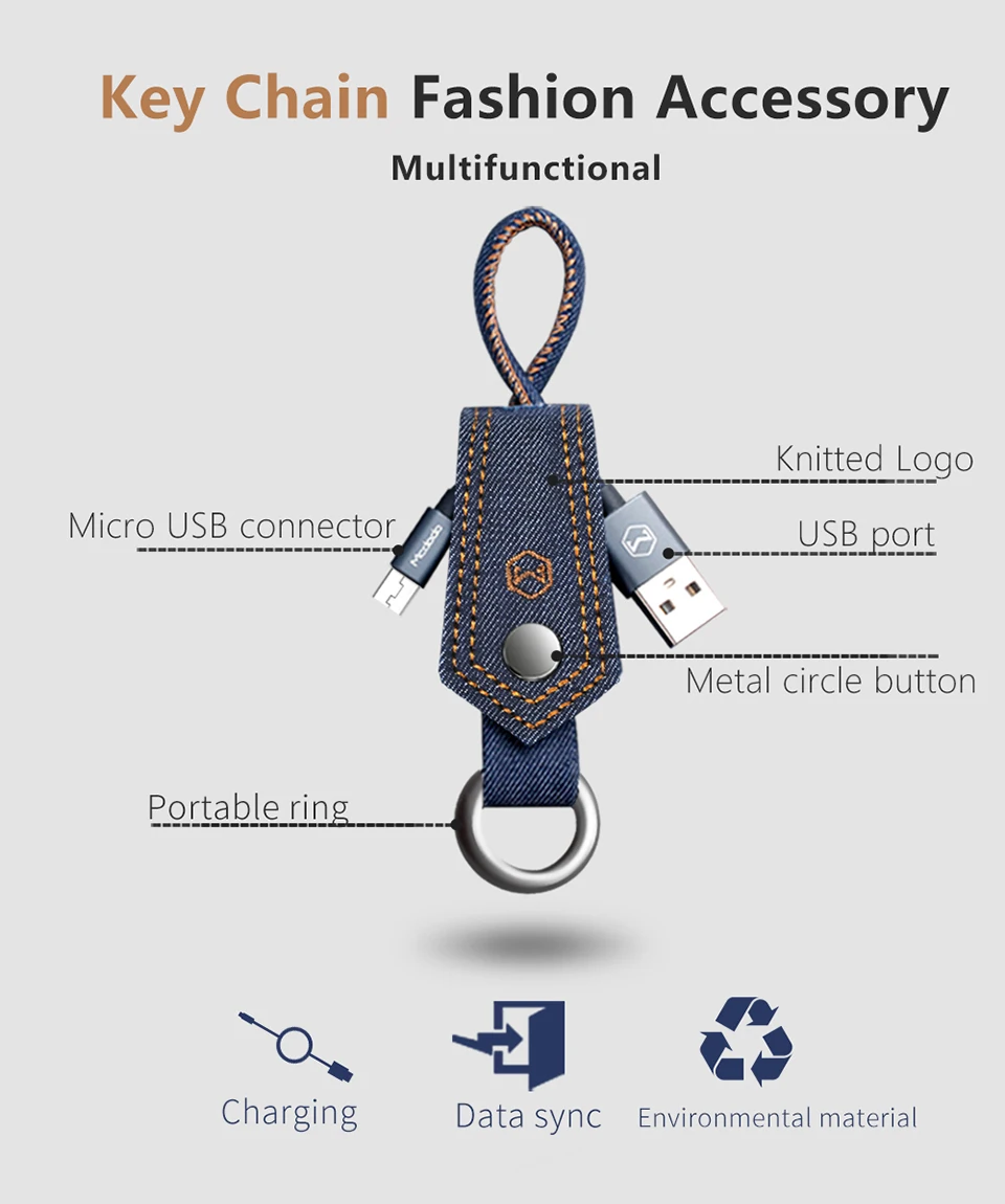 Mcdodo Micro USB кабель 15 см 2A Быстрая зарядка джинсовая ткань ключ для samsung Xiaomi sony huawei брелок Android зарядное устройство Шнур данных
