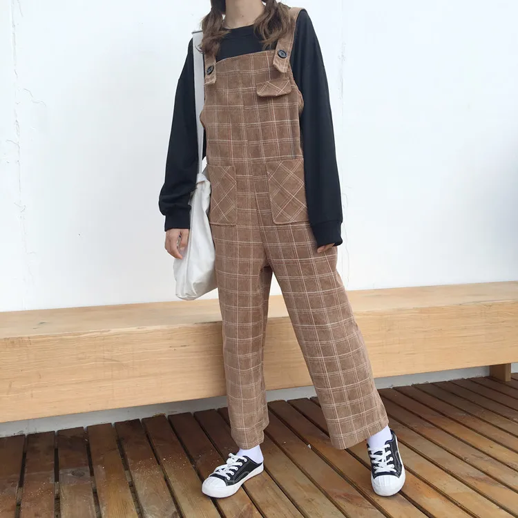 khaki Женский комбинезон в ретро-стиле, в клетку, Kawaii, мягкий, подходит ко всему, корейский стиль, с карманами, женский свободный, для отдыха, для женщин, s, Harajuku, высокое качество, тренд - Цвет: khaki