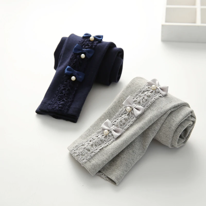 Autumn Spring 100-150cm 3-12 Years Cotton With Pearls Bow Flower Floral Lace Decoration Patchwork Baby Kids Girl Leggings