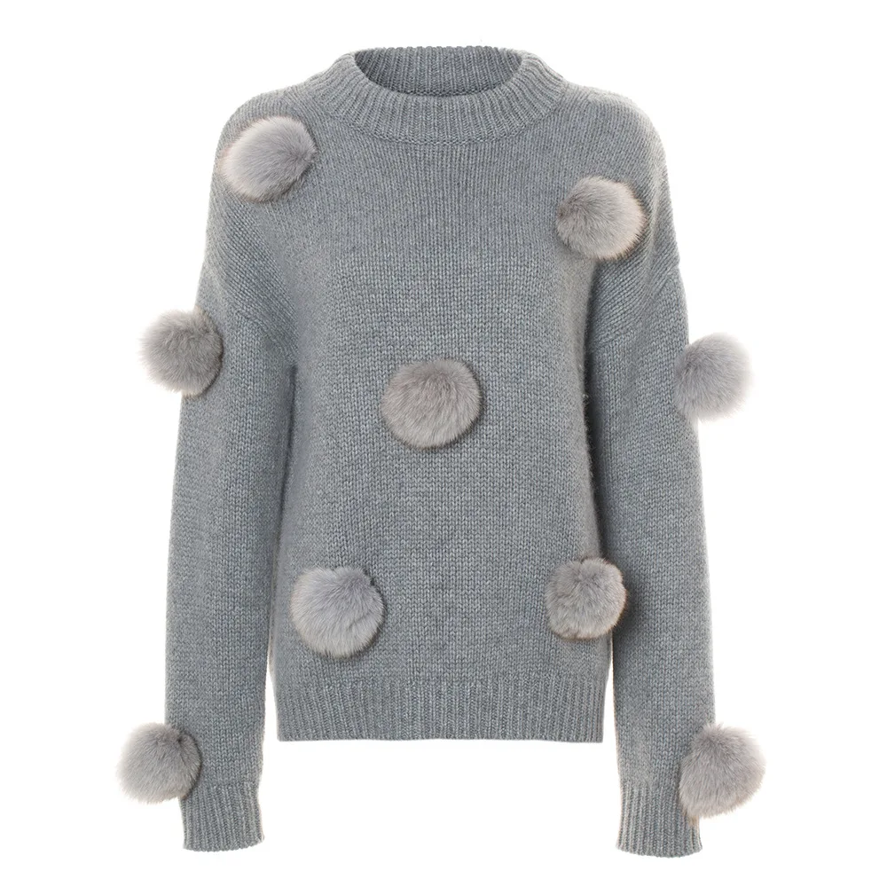 Women's 3D Faux Fox Fur Hair Balls Sweater Gray O-Neck Long Sleeved Pullovers Knitted Shirts Jumpers Short Crop Tops | Женская