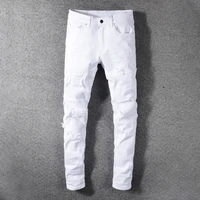 fashion streetwear men jeans white color slim fit destroyed ripped jeans men patchwork designer elastic hip hop jeans pants