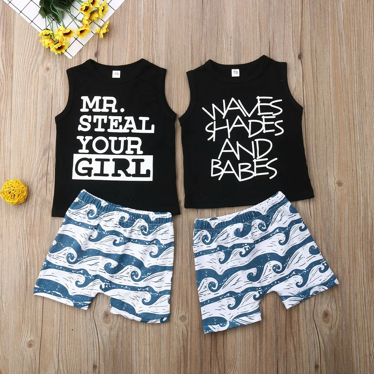 70-100 New Born Baby Clothes 2pcs Set Black Letter Print Tshirt For Boys White Wave Shorts Pants Newborn | Детская одежда и обувь