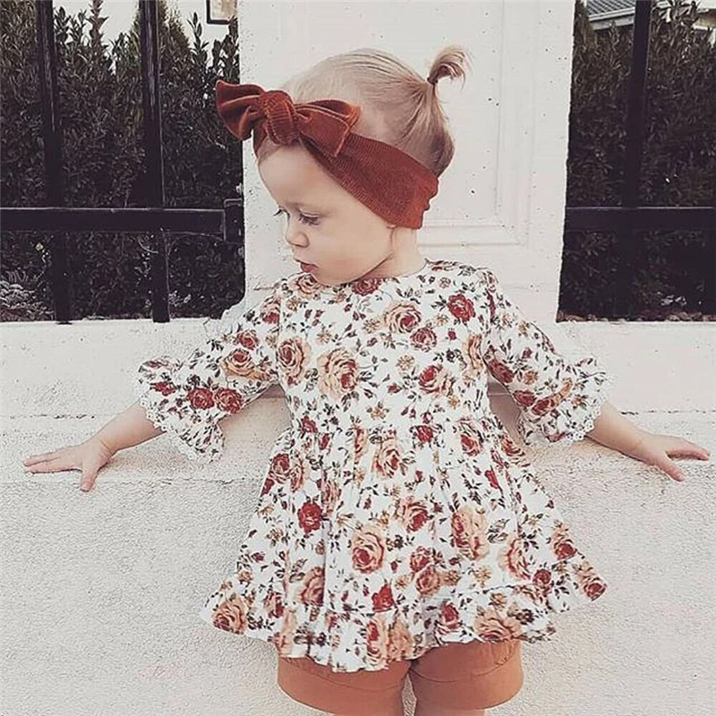 Комплект летней одежды для новорожденных девочек из 2 предметов, Boho, кружевной топ с цветочным принтом, платье-пачка, шорты, штаны, От 2 до 5 лет
