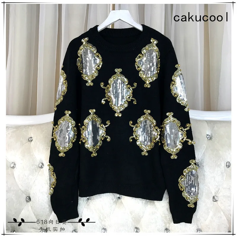 Cakucool Beading Knitted Tops Women Long Sleeve O-neck Sequined Sweaters Floral Embroid Ethnic Shiny Jumpers Sweater Female | Женская