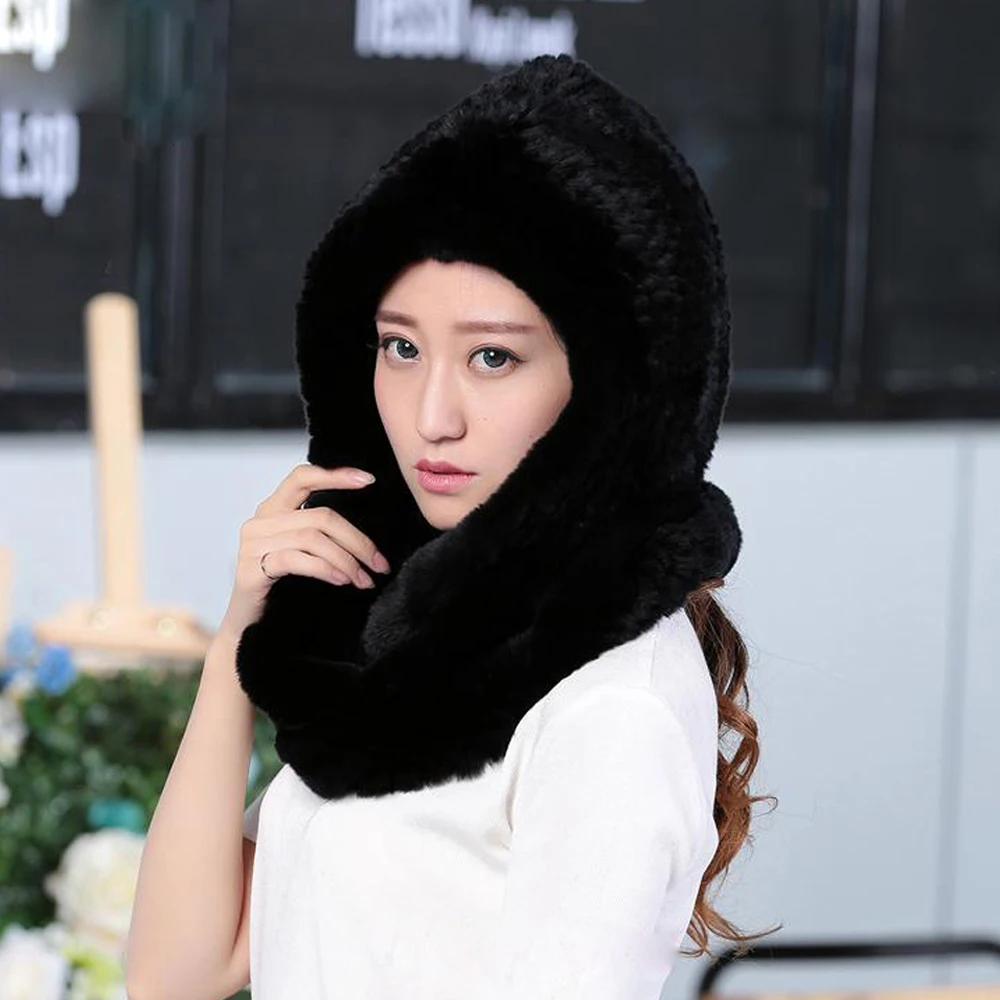 Женский вязаный шарф с капюшоном зимний теплый из натурального кроличьего меха