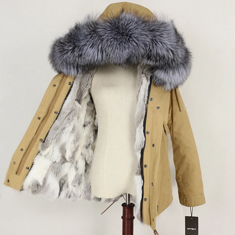camel silver OFTBUY, зимняя женская куртка, пальто с натуральным мехом, парка с воротником из натурального меха енота, Толстая теплая подкладка из кроличьего меха, уличная одежда, новинка - Цвет: camel silver