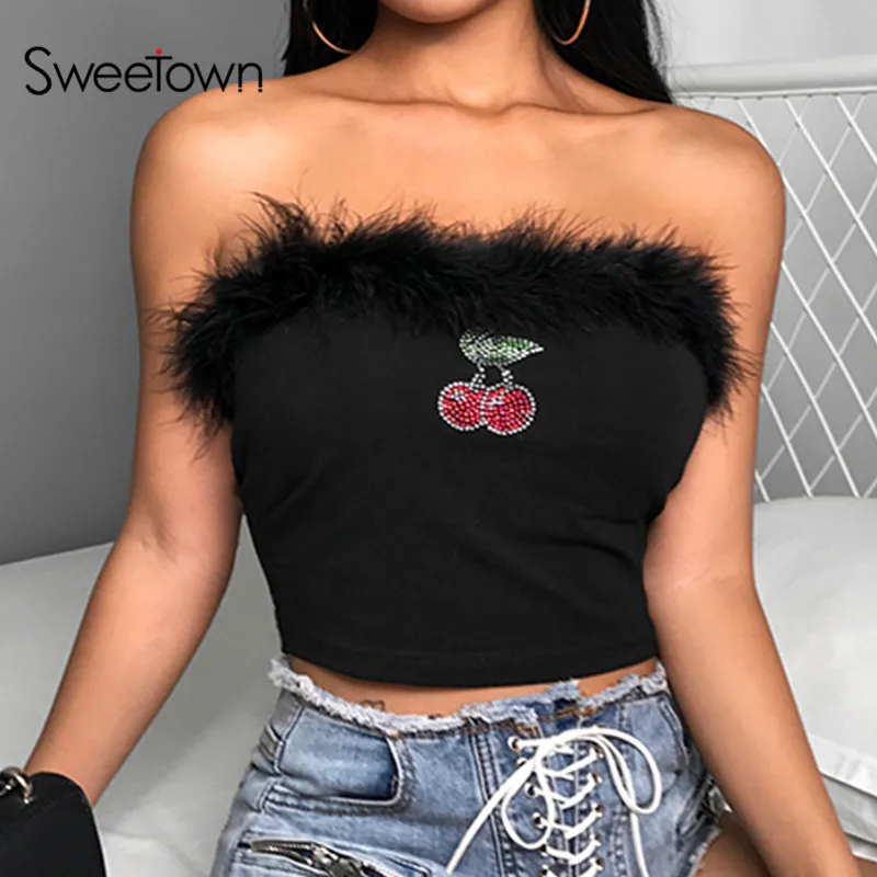 Sweetown Kawaii, летние женские топы, бриллиантовый Вишневый принт, милый топ-бандо без бретелек, сексуальный короткий топ с перьями
