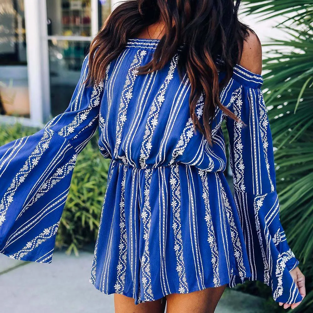 Playsuit Women Bohemian Off The Shoulder Printing Striped Long Sleeve Jumpsuit Rompers Top Summer Beach |