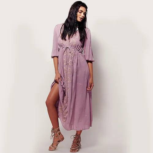 Purple Khale Yose хлопковое летнее платье с длинным рукавом с цветочной вышивкой богемные платья для женщин Этническая хиппи шикарный стиль пляжная одежда - Цвет: Purple