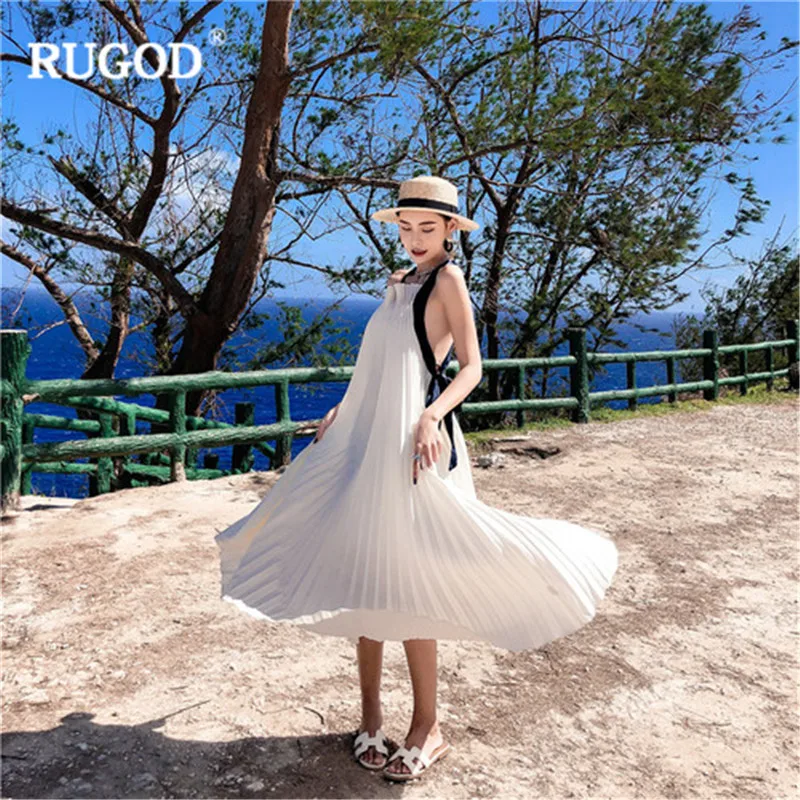 Женское плиссированное платье RUGOD белое повседневное пляжное средней длины с