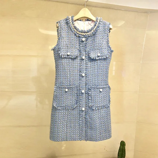 blue dress Новейшая мода, дизайнерское голубое твидовое платье для подиума, женское платье без рукавов с жемчугом, бисером, пуговицами, карманами, бахромой и кисточками, платье на бретелях - Цвет: blue dress