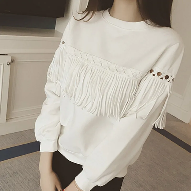 Новые женские осенние Топы с кисточками длинными рукавами и круглым вырезом