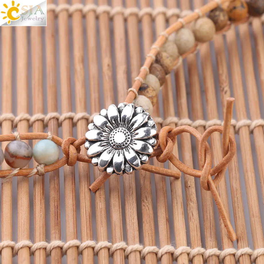 CSJA Boho Agates Wrap Bracelets Natural Stone Beads Green Ocean Charms Jewelry 5 Strand Girls Friendship Leather Bracelet S217 | Украшения
