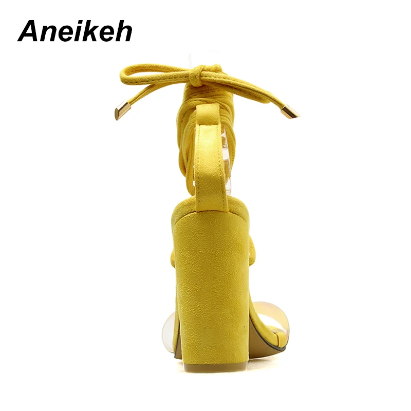 Aneikeh/женские туфли-лодочки; прозрачные босоножки на высоком каблуке из ПВХ; Летняя обувь на платформе с квадратным каблуком; женские пикантные босоножки на шнуровке; Размеры 35-40