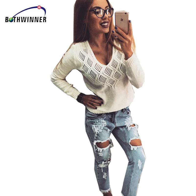 Свитер Женский вязаный с глубоким V-образным вырезом и длинным рукавом | Женская