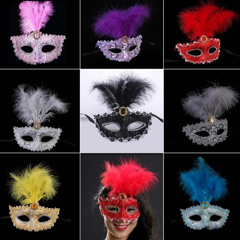 Модная маска с перьями Сексуальная кружевная на половину лица Кожаная принцессы