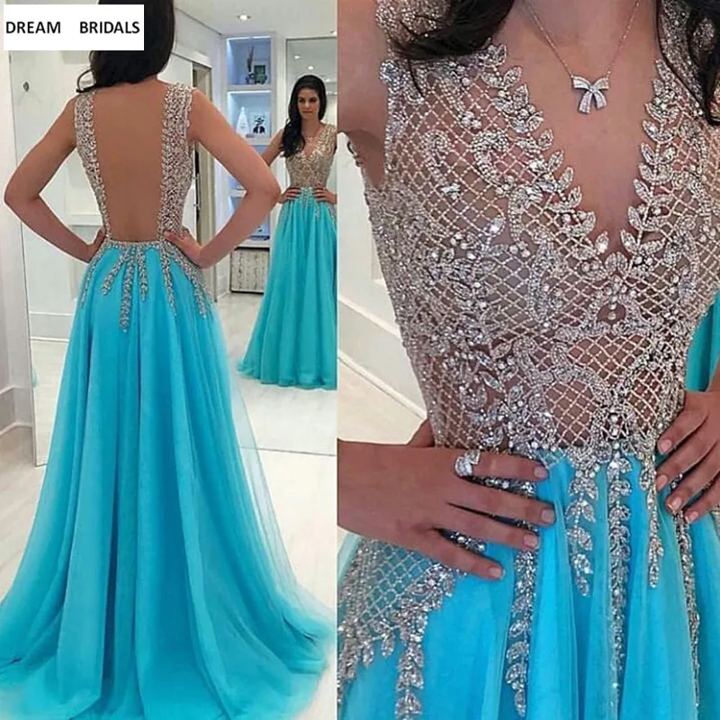 

Elegant Heavy Beading Crystal Evening Dresses Sexy Illusion Backless Vestido de fiesta 2019 New Prom Dress Long