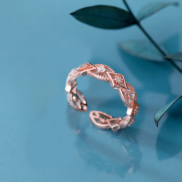 Rose gold Мода цепь кольцо из стерлингового серебра 925 для женщин ажурное кружевное Кольцо Женский Регулируемый подарок ювелирные изделия - Цвет основного камня: Rose gold