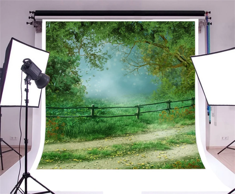 Фоны для фотостудии Laeacco Green Spring Wood Fence в горошек сказочные детские фоны