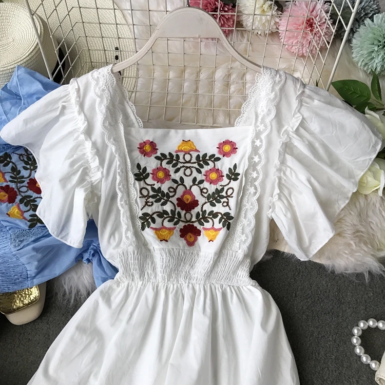ALPHALMODA милое летнее платье с цветочной вышивкой, женское эластичное тонкое платье с завышенной талией и расклешенными рукавами, ТРАПЕЦИЕВИДНОЕ Повседневное платье