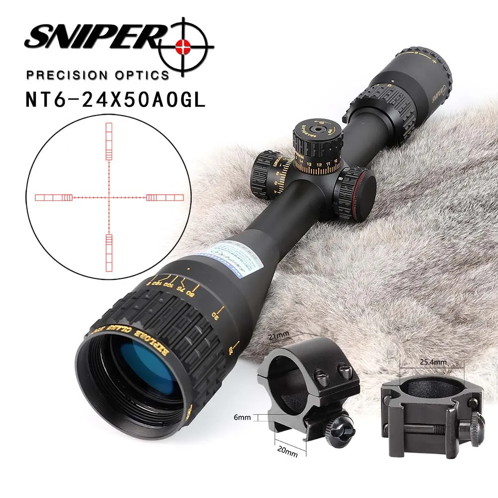 with Picatinny Rings SNIPER NT 6-24X50 AOGL прицелы для охоты тактический оптический прицел полноразмерный стеклянный гравированный прицел RGB прицел для винтовки с подсветкой - Цвет: with Picatinny Rings