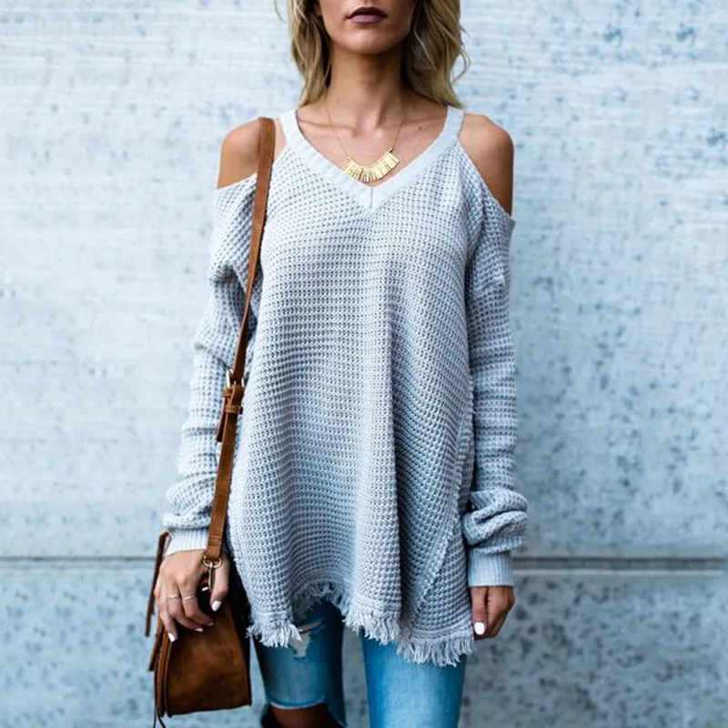 

Женский пуловер с открытыми плечами, Свободный пуловер с v-образным вырезом и S-XL, весна-осень 2019